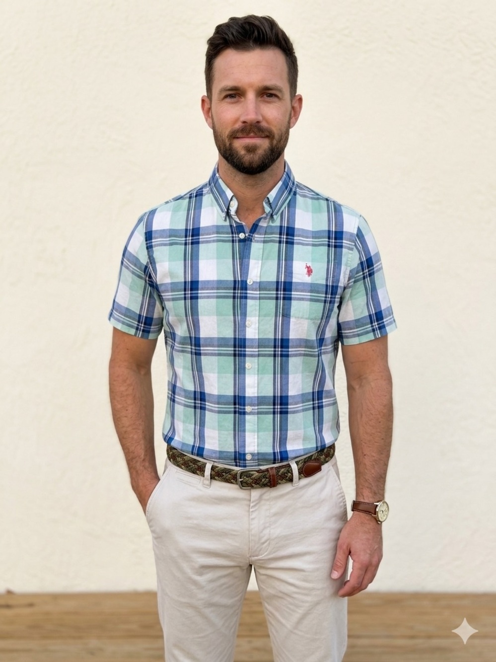 U.S. Polo Assn. Mint Green & Navy Plaid Short Sleeve Button-Up Shirt
